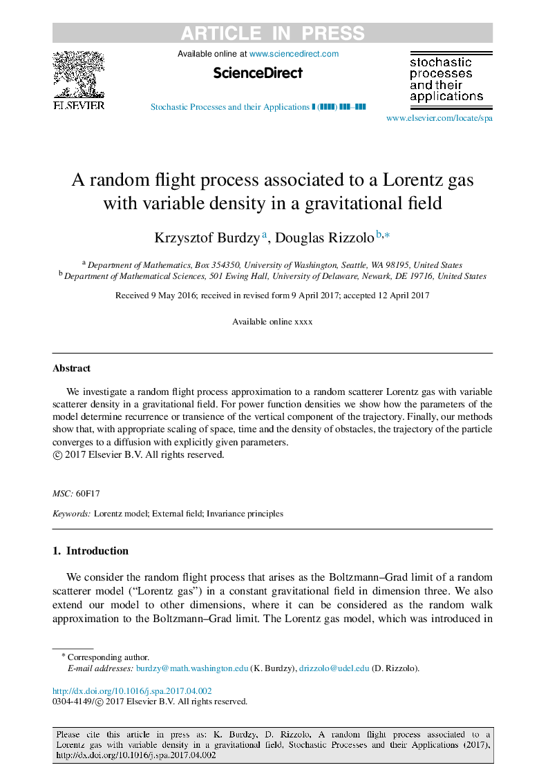 A random flight process associated to a Lorentz gas with variable density in a gravitational field