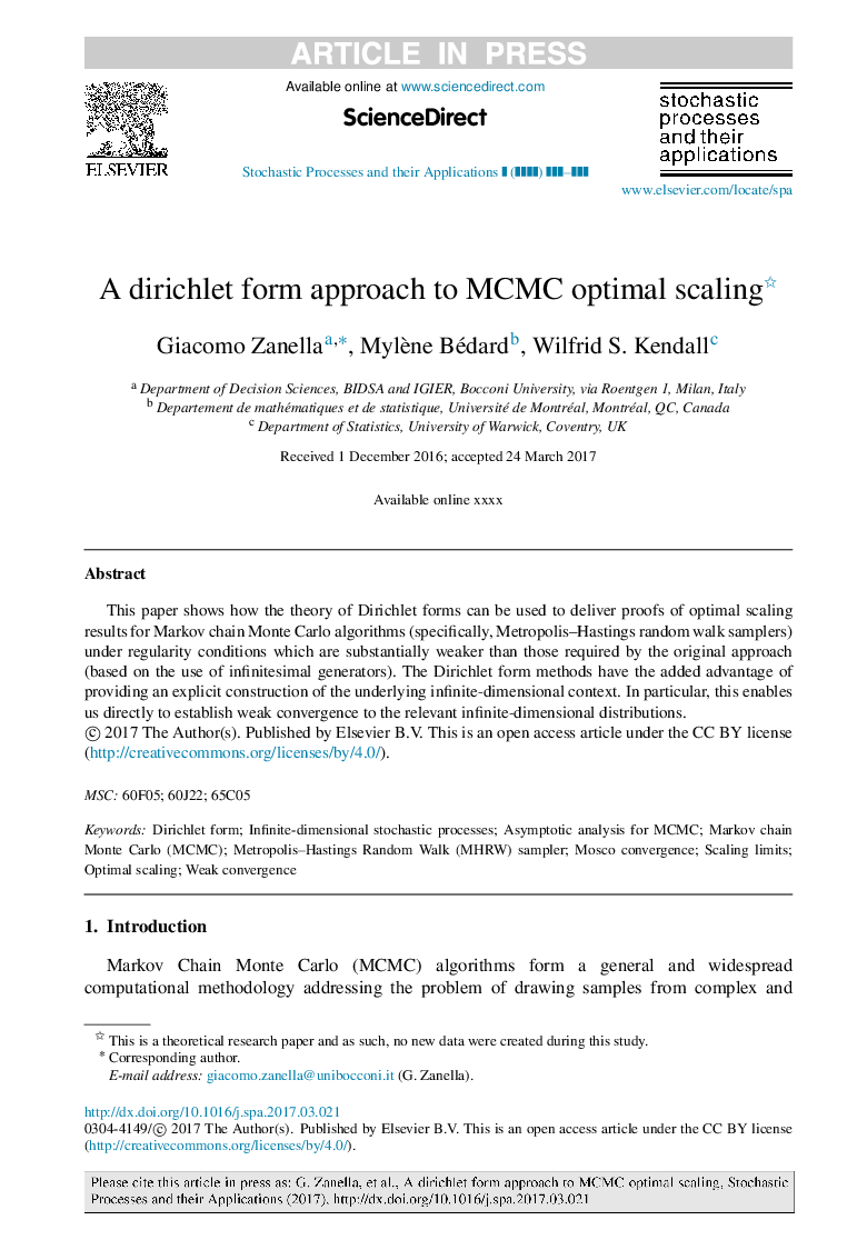 A Dirichlet form approach to MCMC optimal scaling