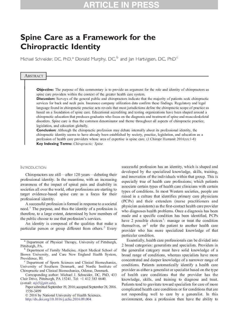 Spine Care as a Framework for the Chiropractic Identity