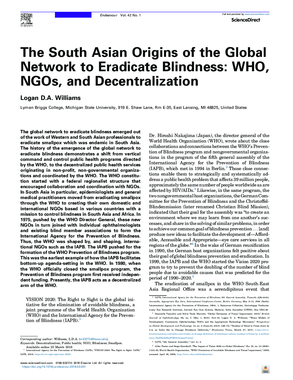 The South Asian Origins of the Global Network to Eradicate Blindness: WHO, NGOs, and Decentralization