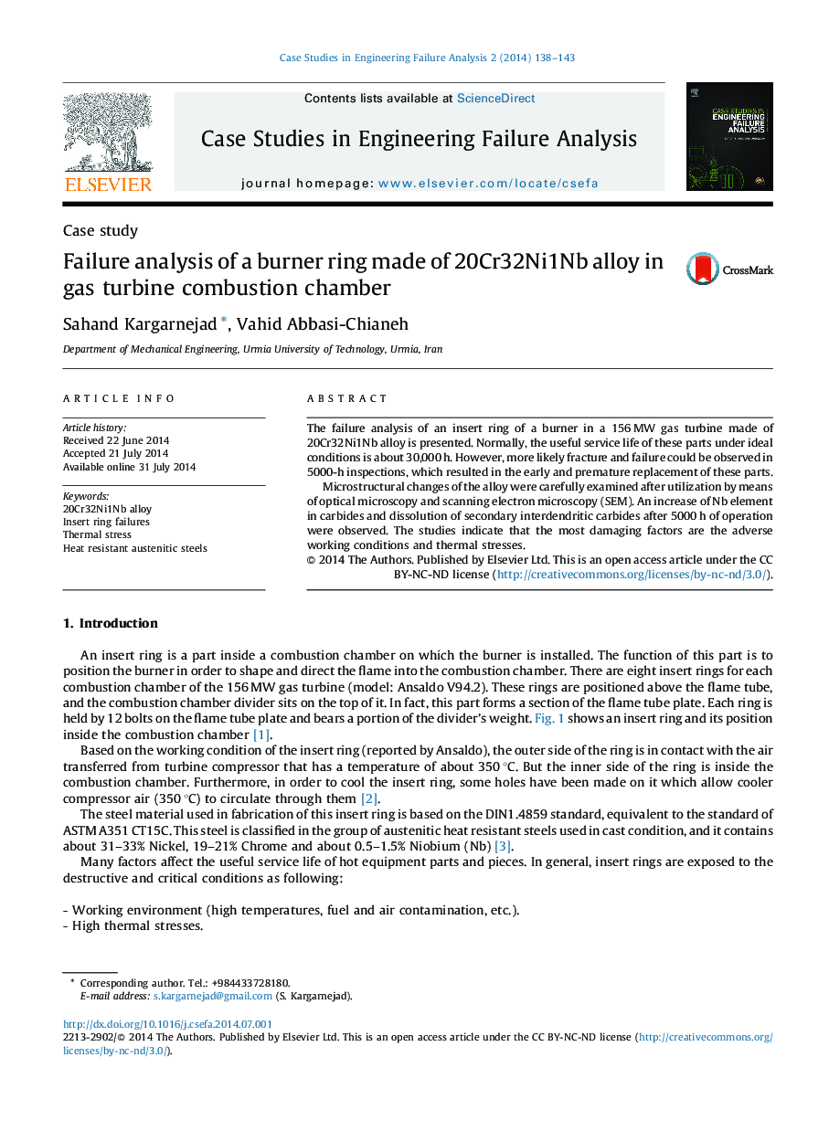 Failure analysis of a burner ring made of 20Cr32Ni1Nb alloy in gas turbine combustion chamber