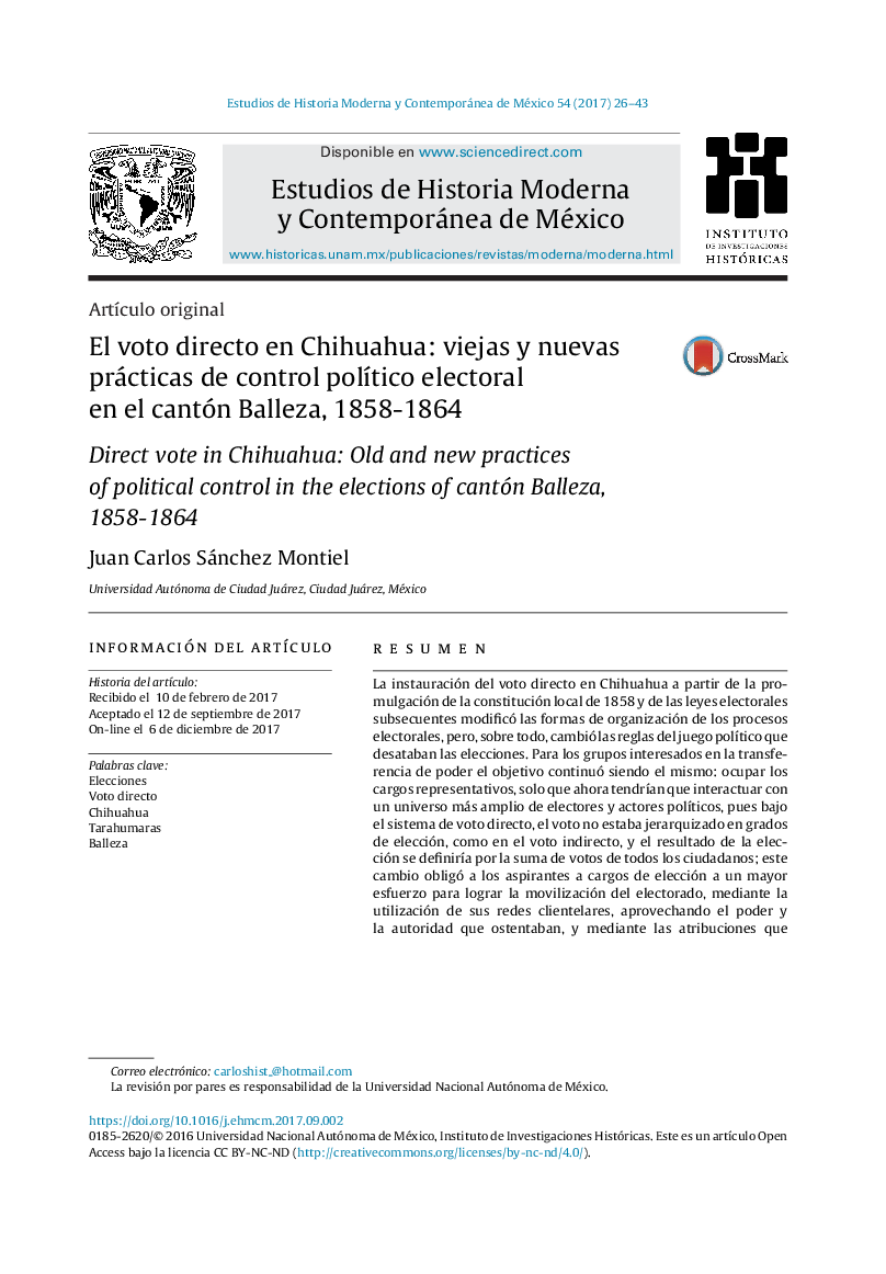 El voto directo en Chihuahua: viejas y nuevas prácticas de control polÃ­tico electoral en el cantón Balleza, 1858-1864