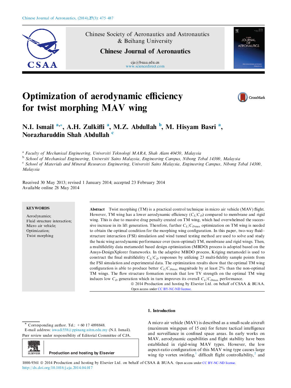 Optimization of aerodynamic efficiency for twist morphing MAV wing 