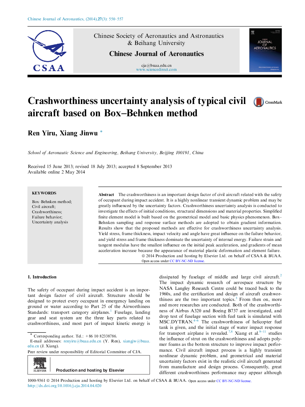 Crashworthiness uncertainty analysis of typical civil aircraft based on Box–Behnken method 