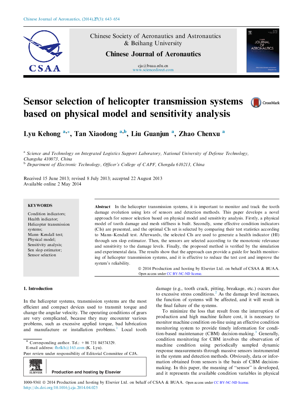 Sensor selection of helicopter transmission systems based on physical model and sensitivity analysis 