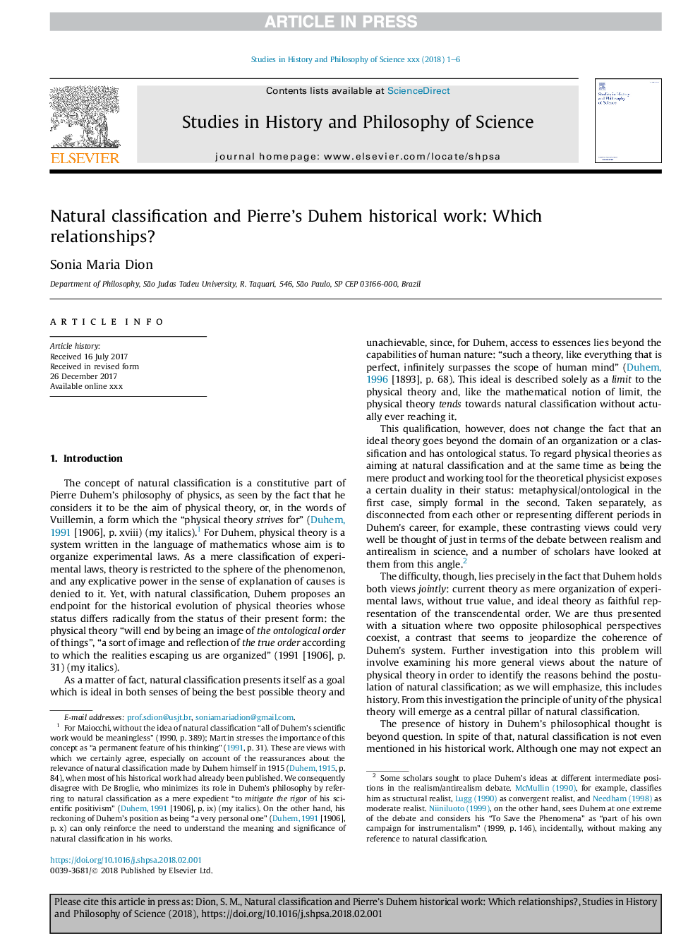 Natural classification and Pierre Duhem's historical work: Which relationships?