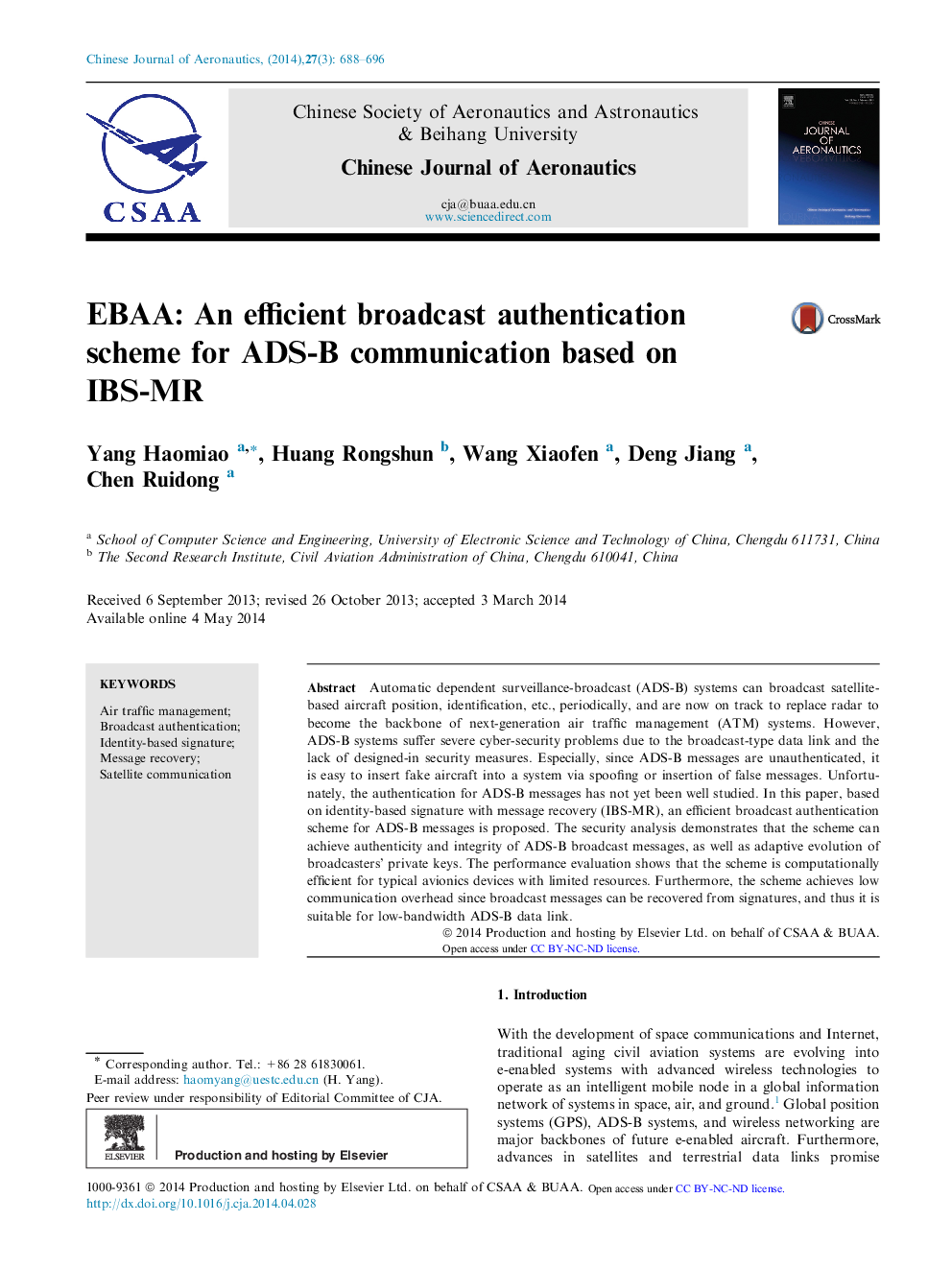 EBAA: An efficient broadcast authentication scheme for ADS-B communication based on IBS-MR 