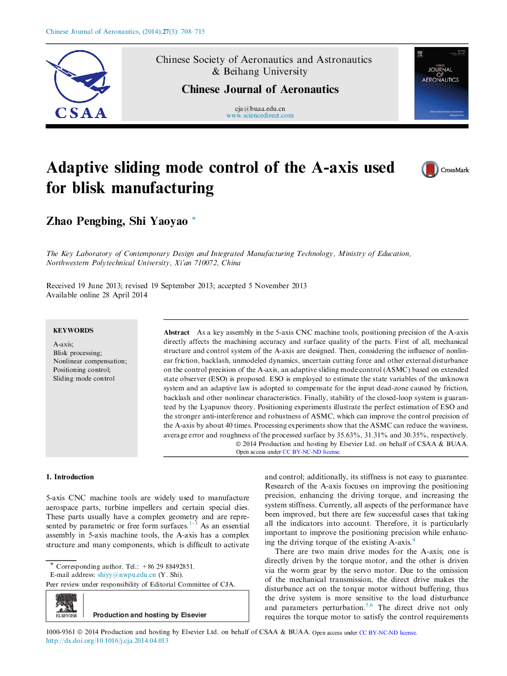 Adaptive sliding mode control of the A-axis used for blisk manufacturing 