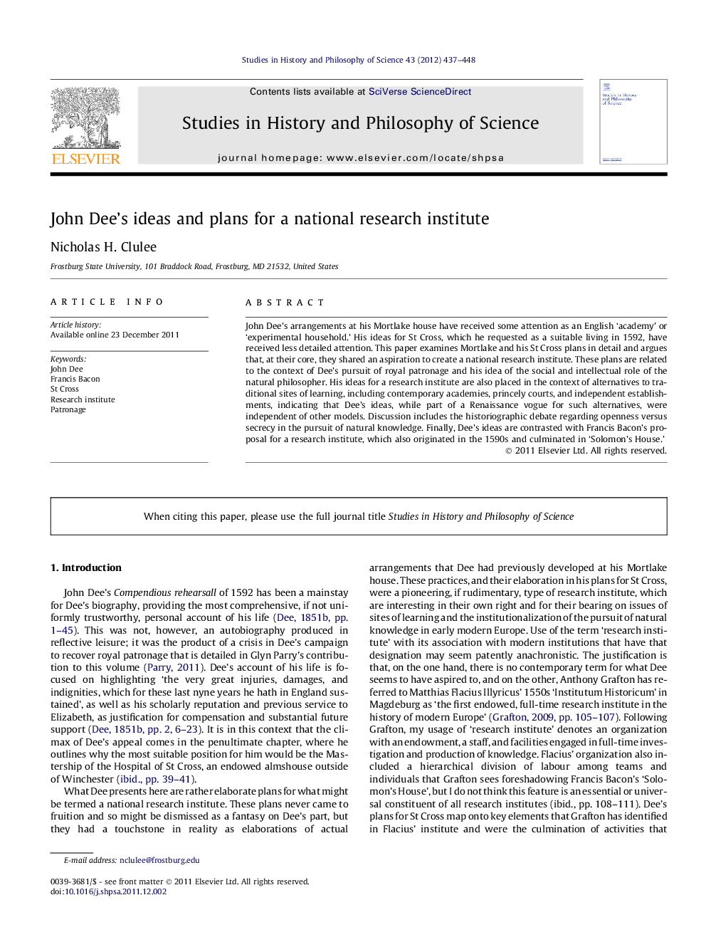 John Dee's ideas and plans for a national research institute