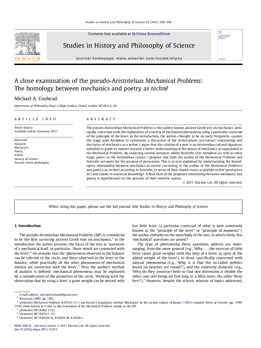 A close examination of the pseudo-Aristotelian Mechanical Problems: The homology between mechanics and poetry as technÄ