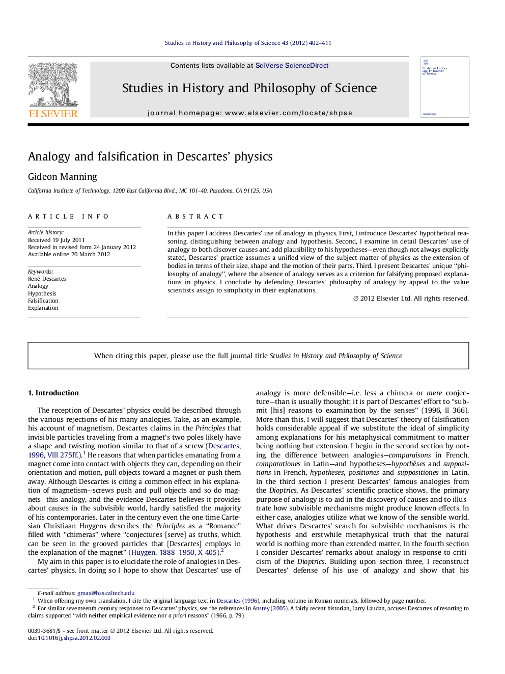 Analogy and falsification in Descartes' physics