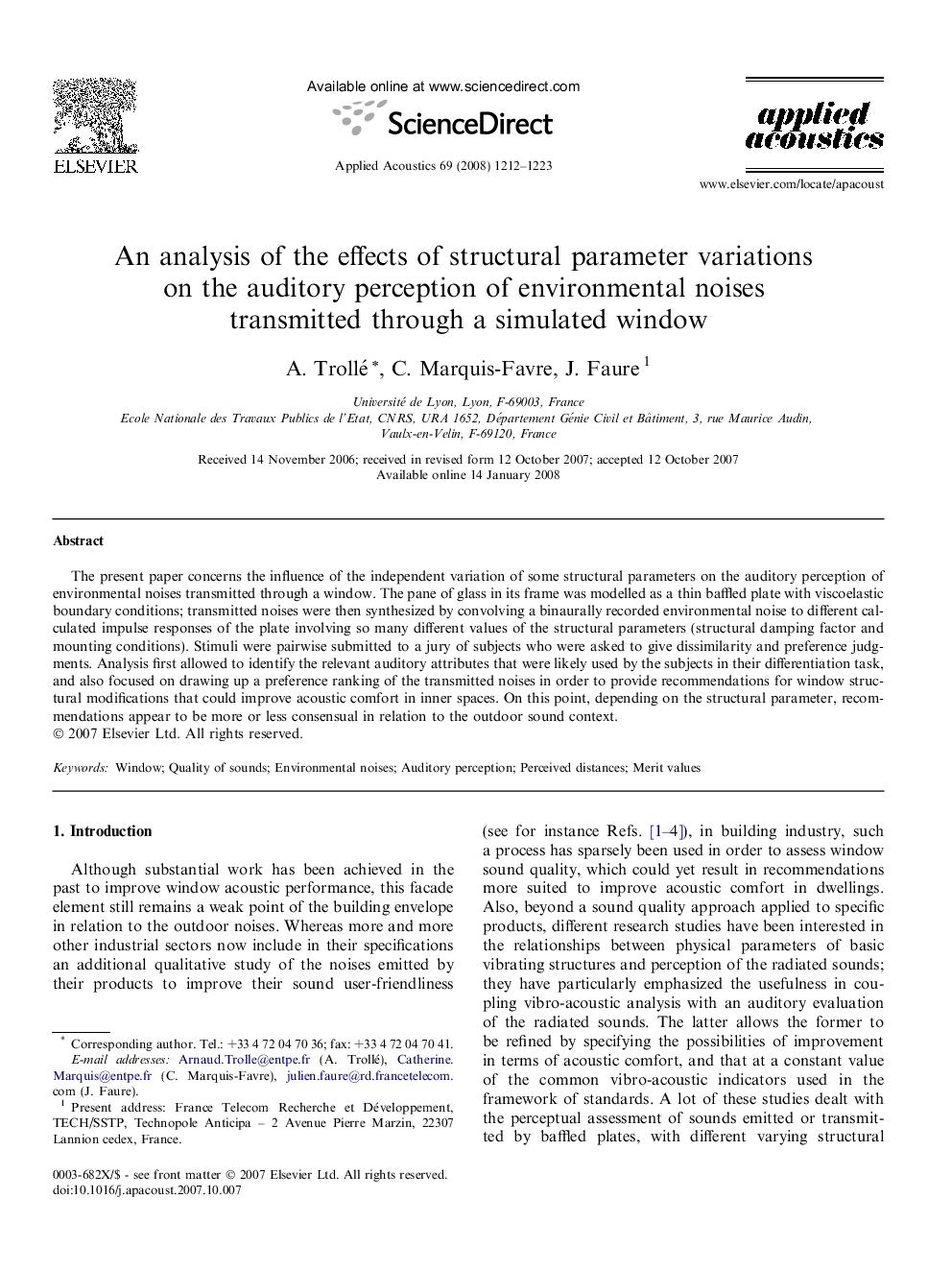 An analysis of the effects of structural parameter variations on the auditory perception of environmental noises transmitted through a simulated window