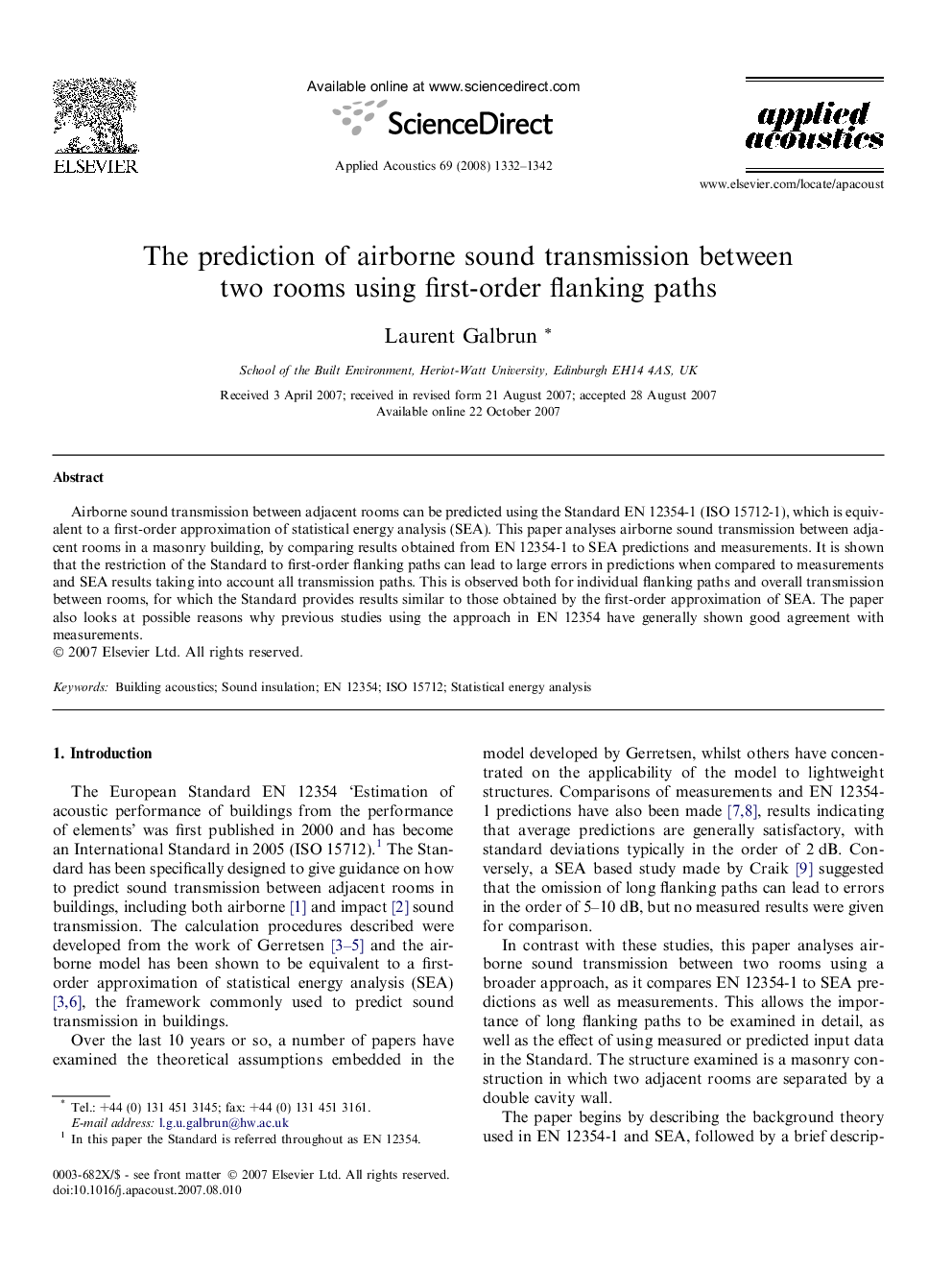 The prediction of airborne sound transmission between two rooms using first-order flanking paths