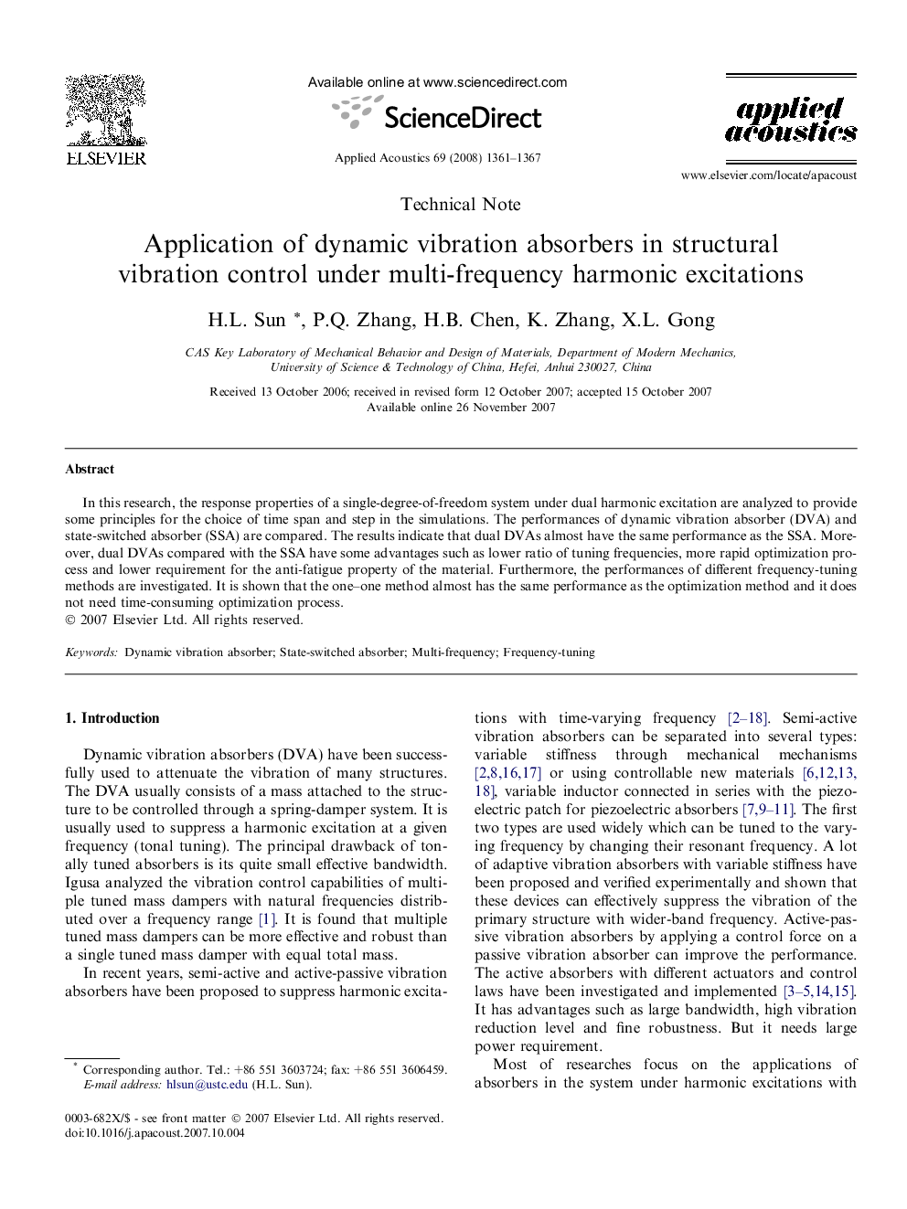 Application of dynamic vibration absorbers in structural vibration control under multi-frequency harmonic excitations