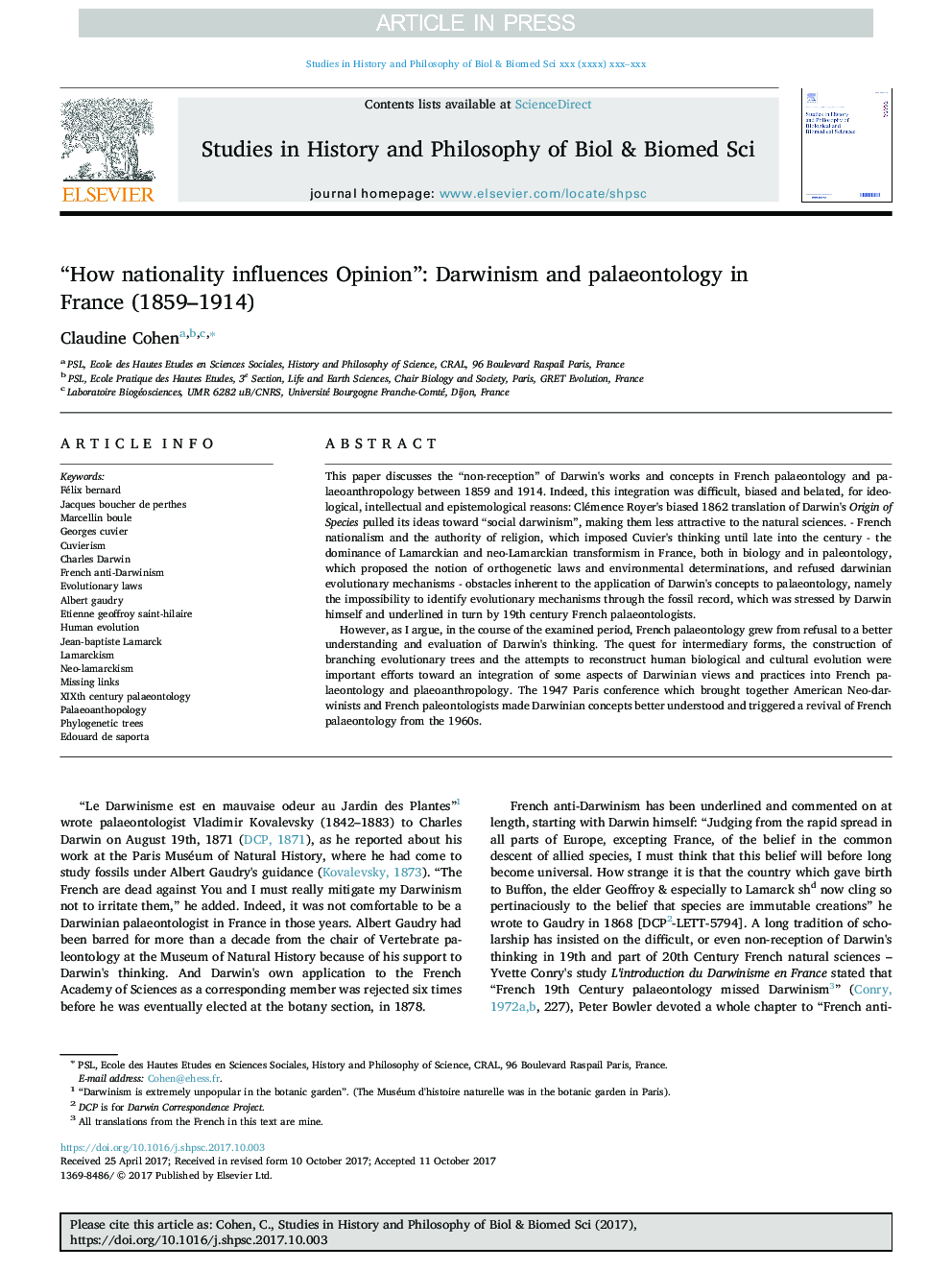 “How nationality influences Opinion”: Darwinism and palaeontology in France (1859-1914)