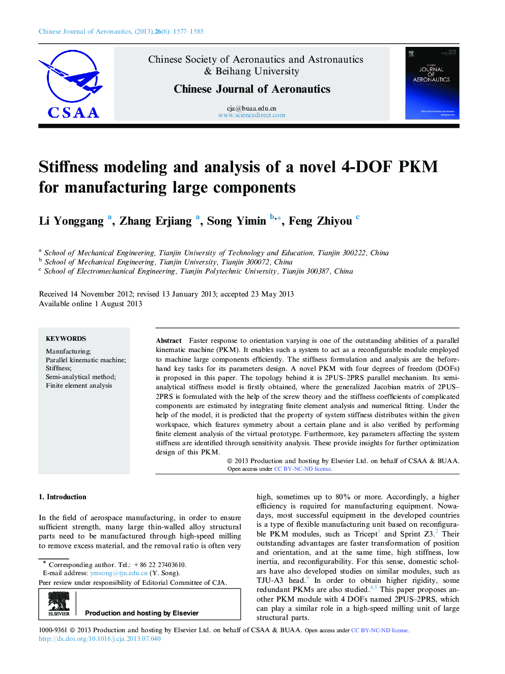 Stiffness modeling and analysis of a novel 4-DOF PKM for manufacturing large components 