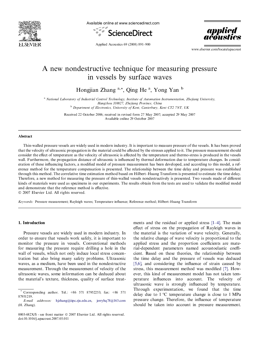 A new nondestructive technique for measuring pressure in vessels by surface waves