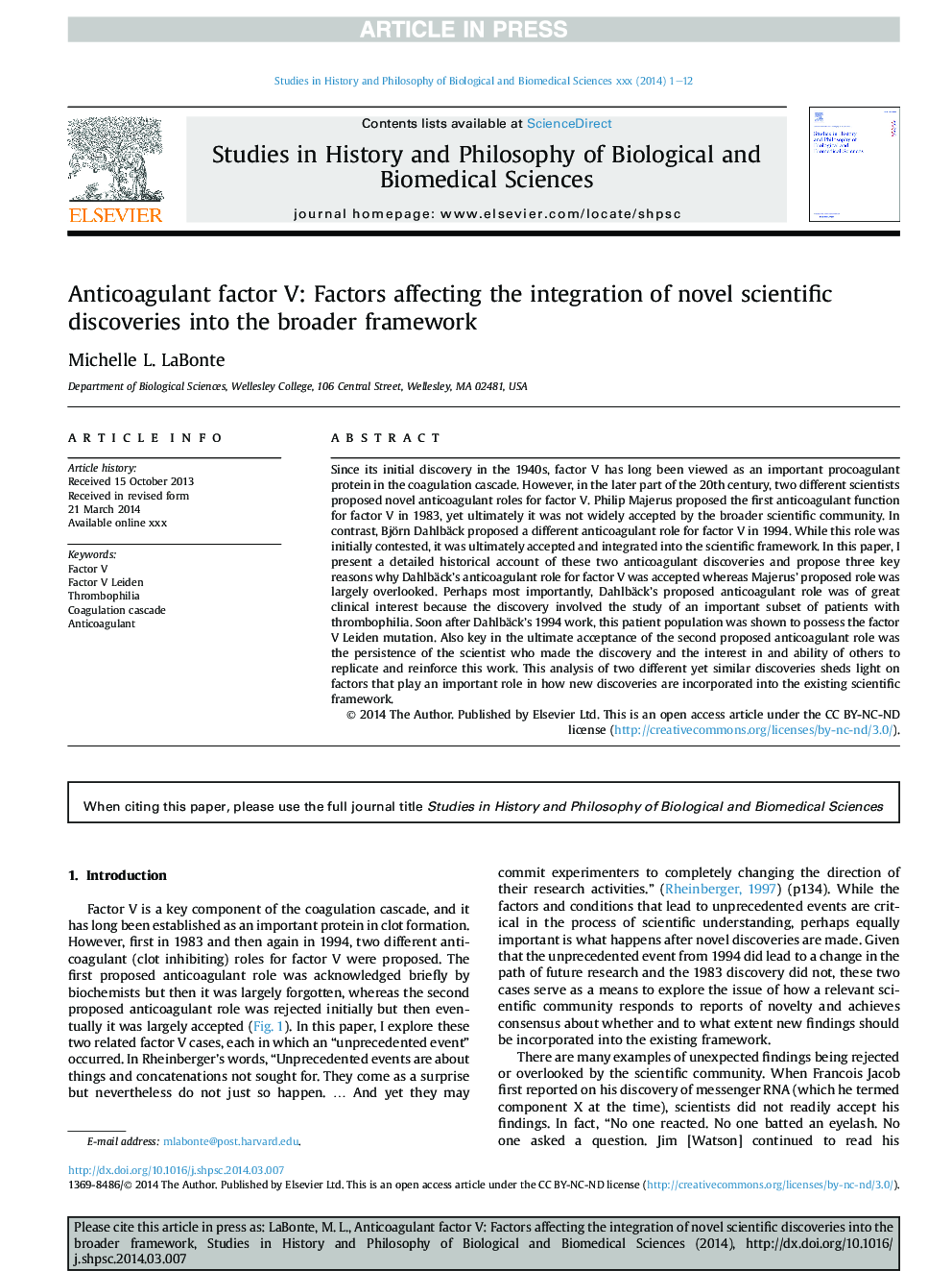 Anticoagulant factor V: Factors affecting the integration of novel scientific discoveries into the broader framework