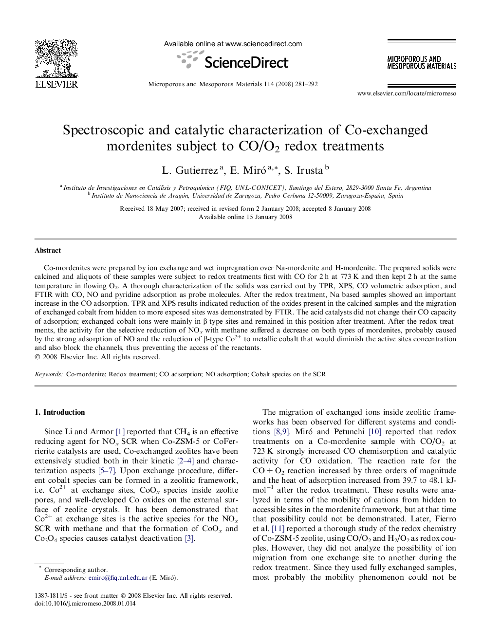 Spectroscopic and catalytic characterization of Co-exchanged mordenites subject to CO/O2 redox treatments