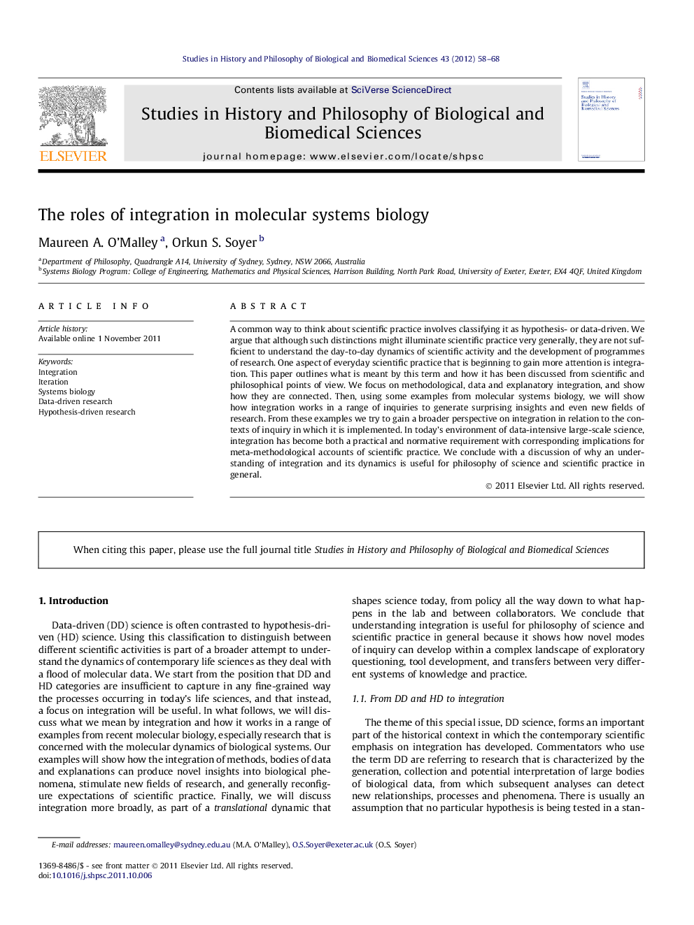 The roles of integration in molecular systems biology