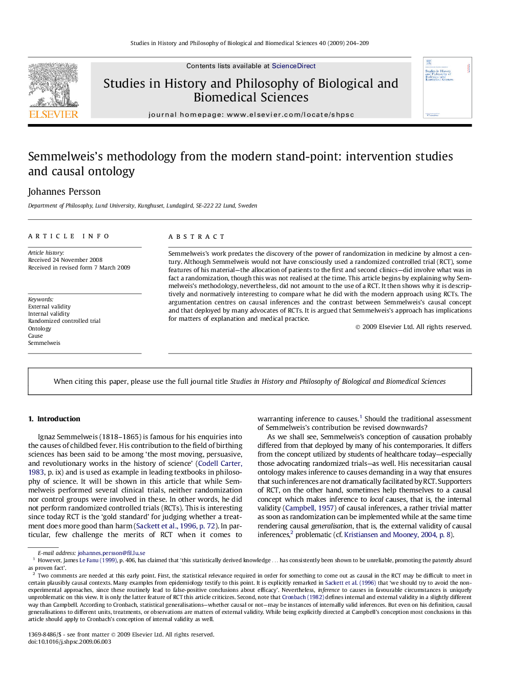 Semmelweis's methodology from the modern stand-point: intervention studies and causal ontology