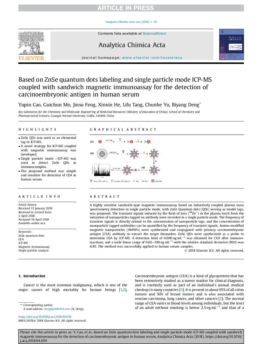 Based on ZnSe quantum dots labeling and single particle mode ICP-MS coupled with sandwich magnetic immunoassay for the detection of carcinoembryonic antigen in human serum