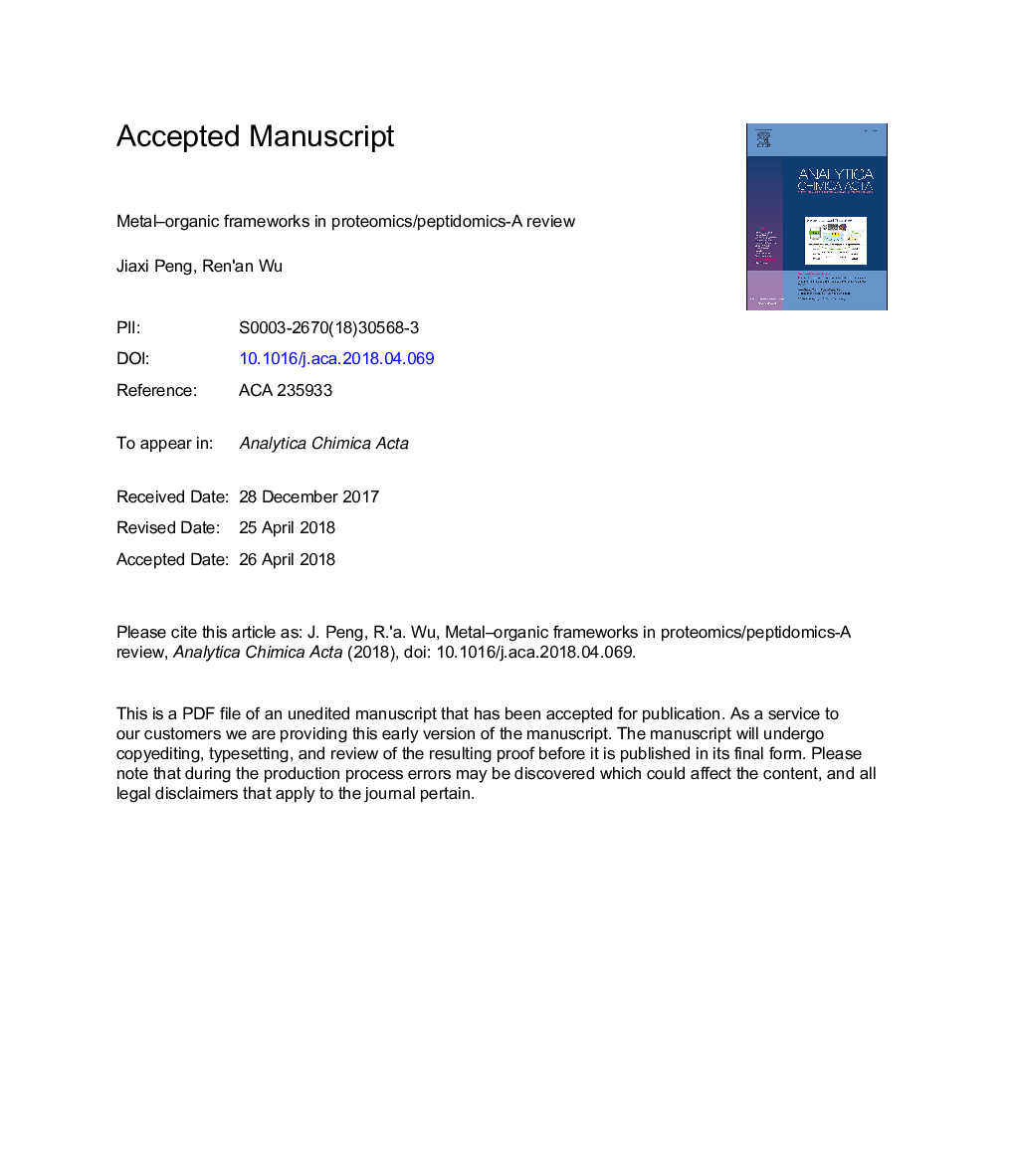 Metal-organic frameworks in proteomics/peptidomics-A review