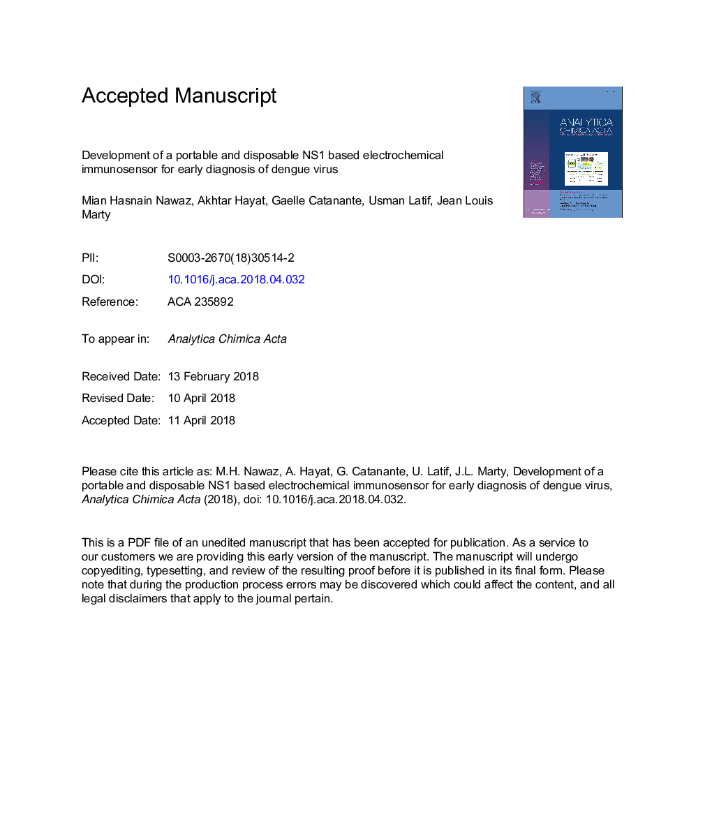 Development of a portable and disposable NS1 based electrochemical immunosensor for early diagnosis of dengue virus