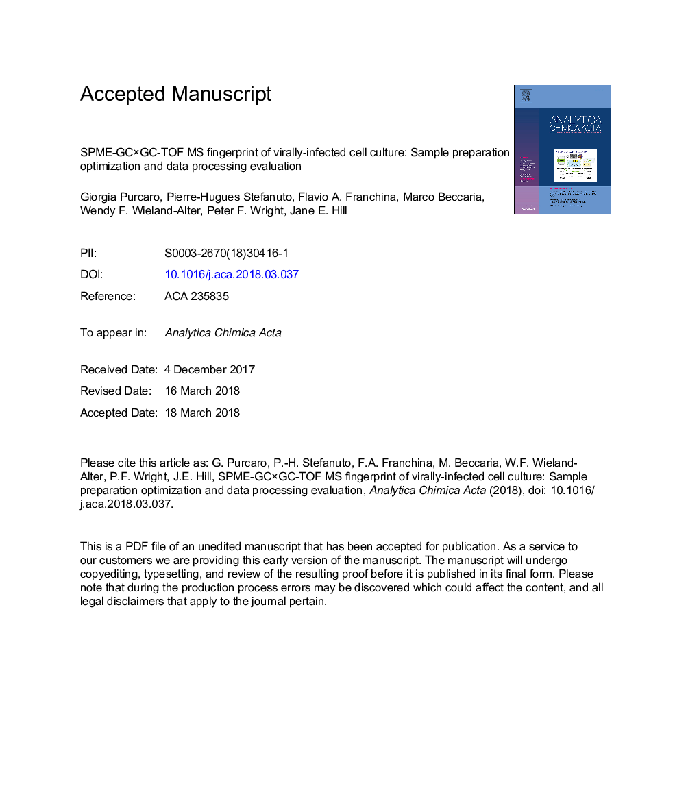 SPME-GCÃGC-TOF MS fingerprint of virally-infected cell culture: Sample preparation optimization and data processing evaluation