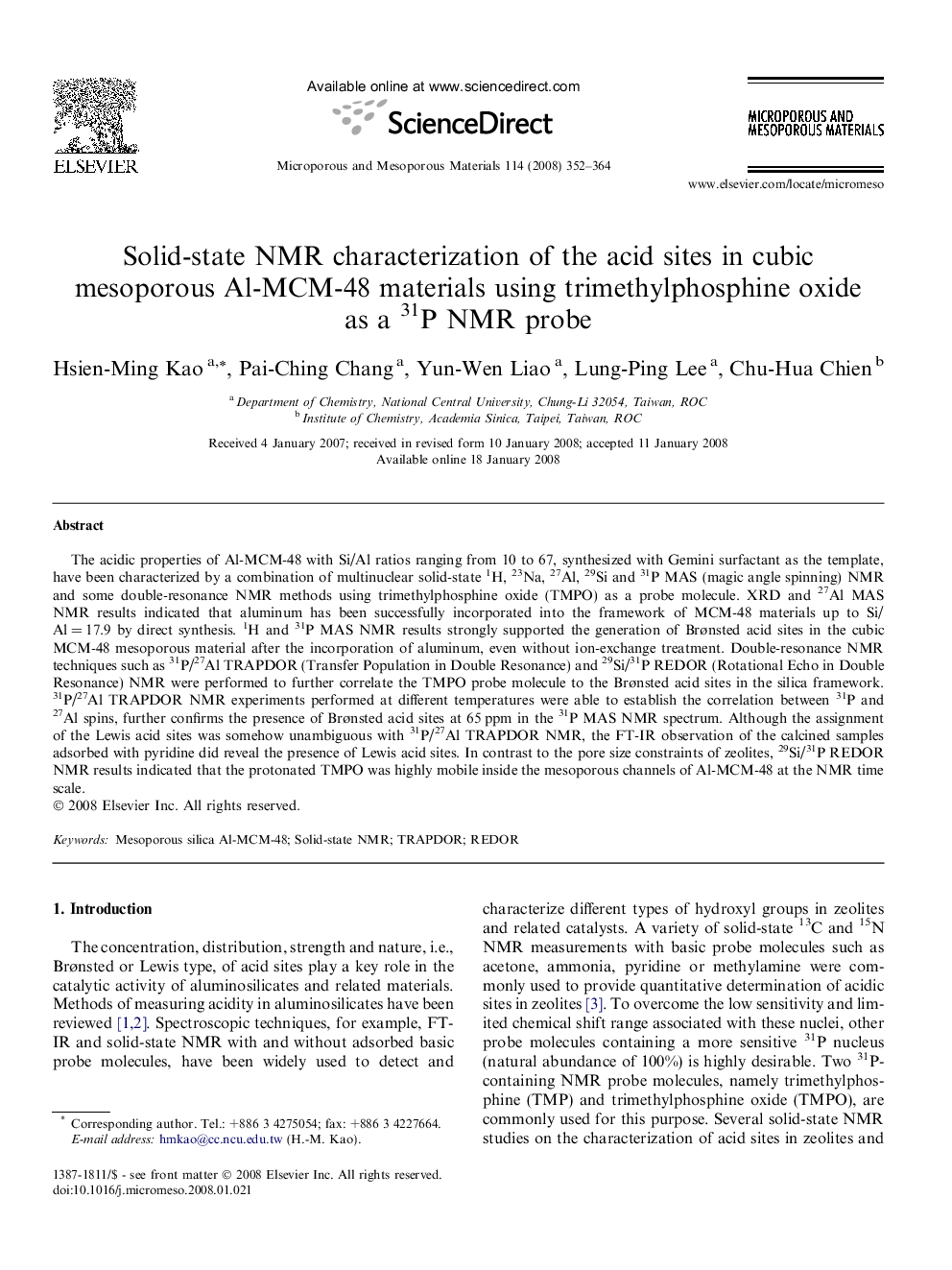 Solid-state NMR characterization of the acid sites in cubic mesoporous Al-MCM-48 materials using trimethylphosphine oxide as a 31P NMR probe