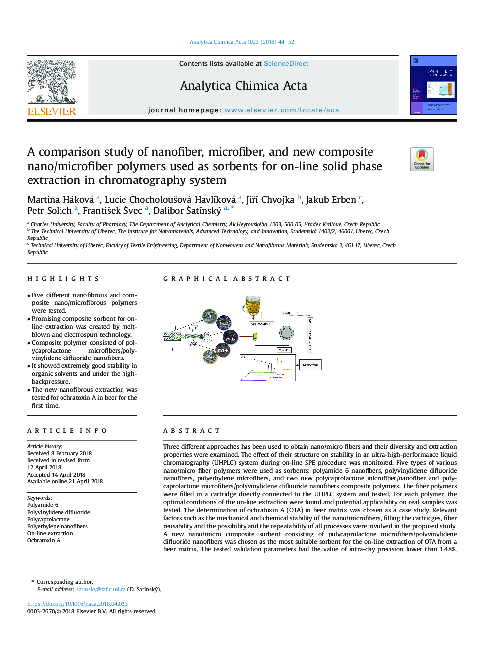 A comparison study of nanofiber, microfiber, and new composite nano/microfiber polymers used as sorbents for on-line solid phase extraction in chromatography system