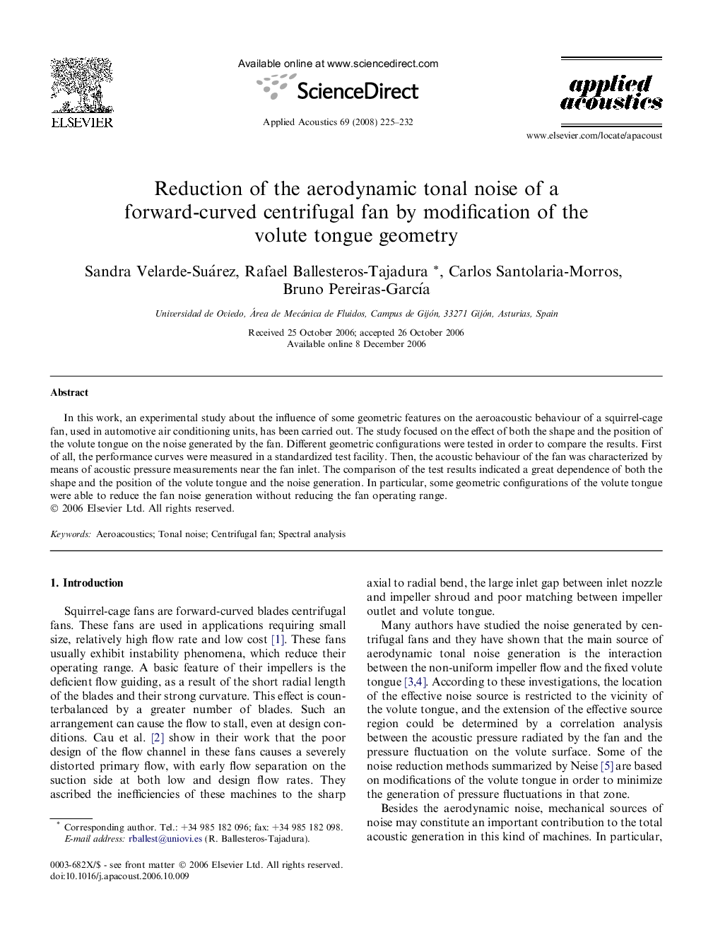 Reduction of the aerodynamic tonal noise of a forward-curved centrifugal fan by modification of the volute tongue geometry