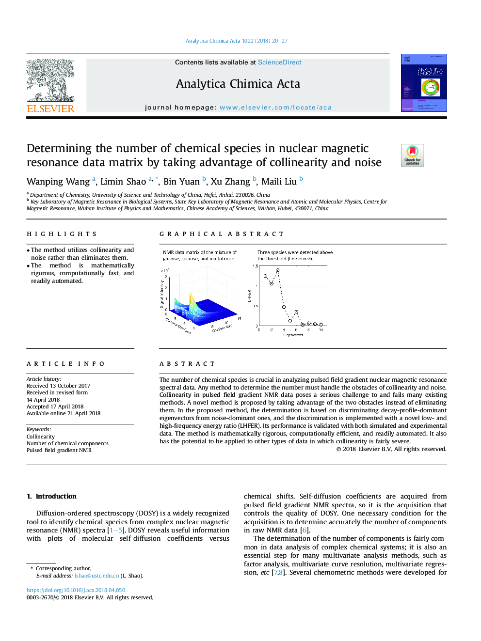 Determining the number of chemical species in nuclear magnetic resonance data matrix by taking advantage of collinearity and noise