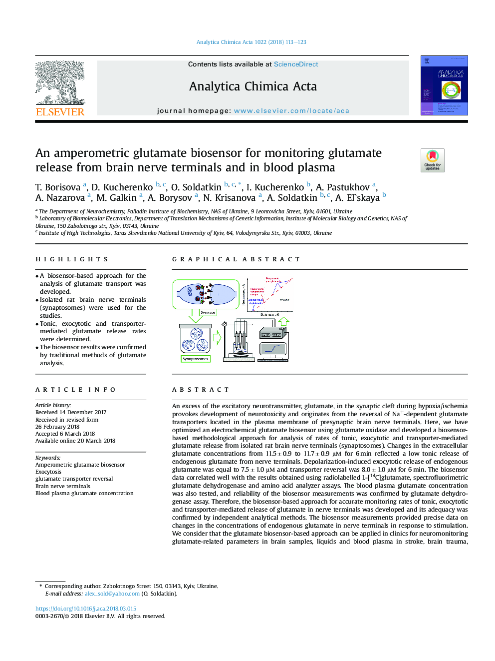 An amperometric glutamate biosensor for monitoring glutamate release from brain nerve terminals and in blood plasma