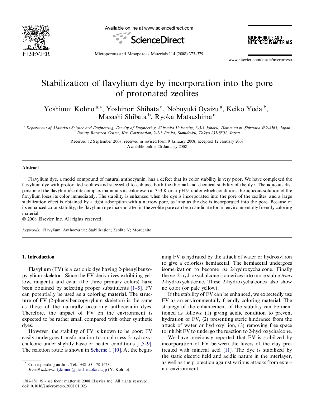 Stabilization of flavylium dye by incorporation into the pore of protonated zeolites