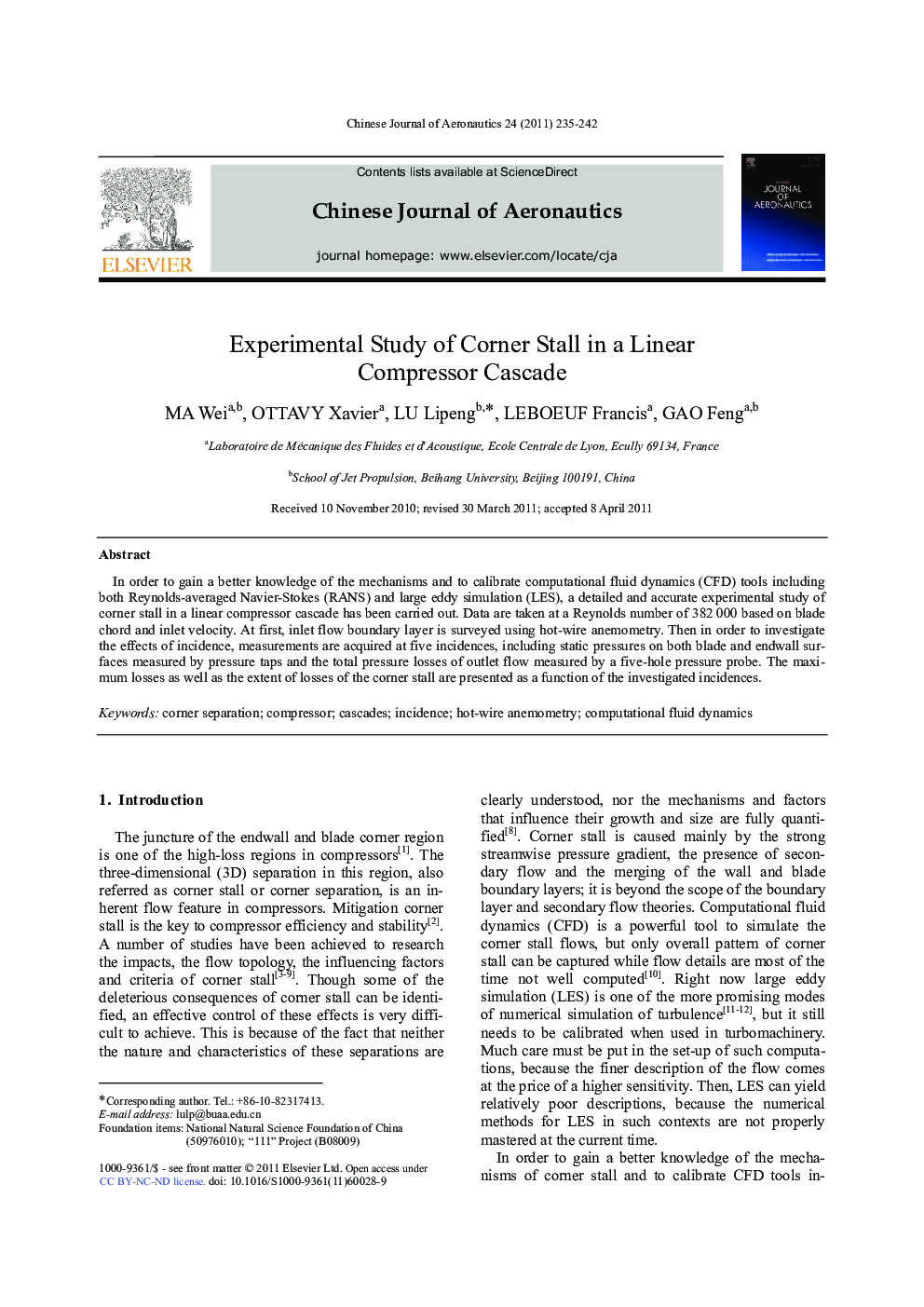 Experimental Study of Corner Stall in a Linear Compressor Cascade 