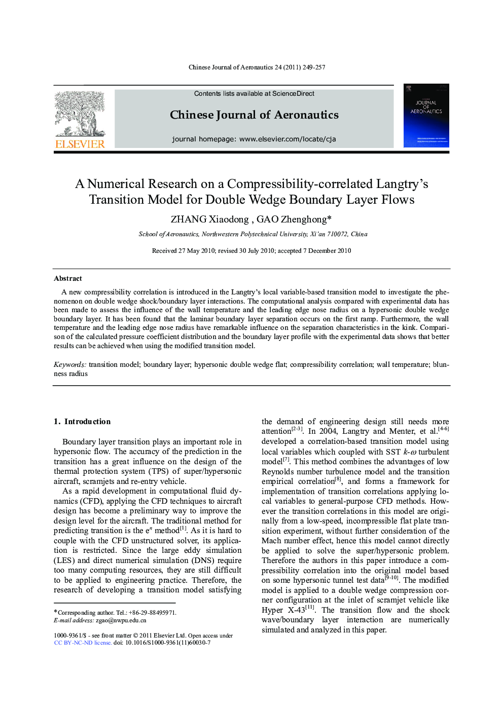 A Numerical Research on a Compressibility-correlated Langtry's Transition Model for Double Wedge Boundary Layer Flows