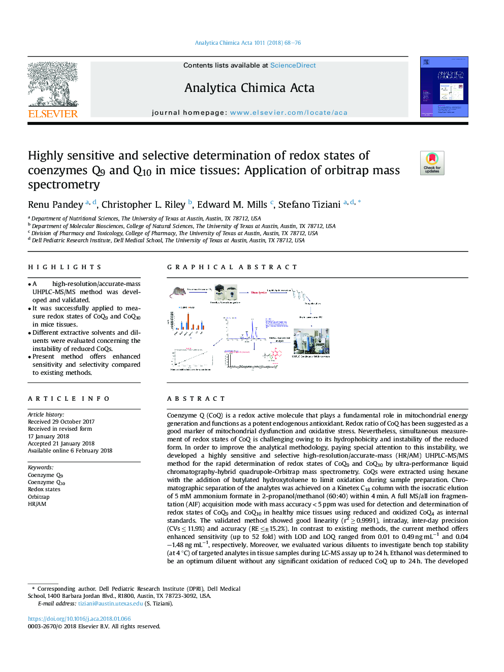 Highly sensitive and selective determination of redox states of coenzymes Q9 and Q10 in mice tissues: Application of orbitrap mass spectrometry