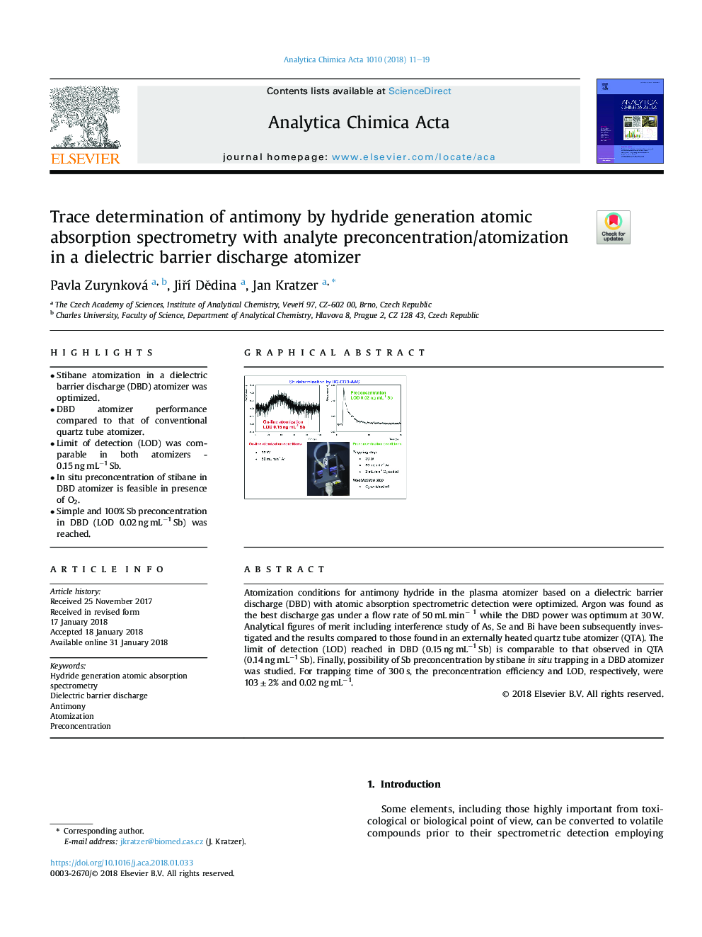 Trace determination of antimony by hydride generation atomic absorption spectrometry with analyte preconcentration/atomization in a dielectric barrier discharge atomizer