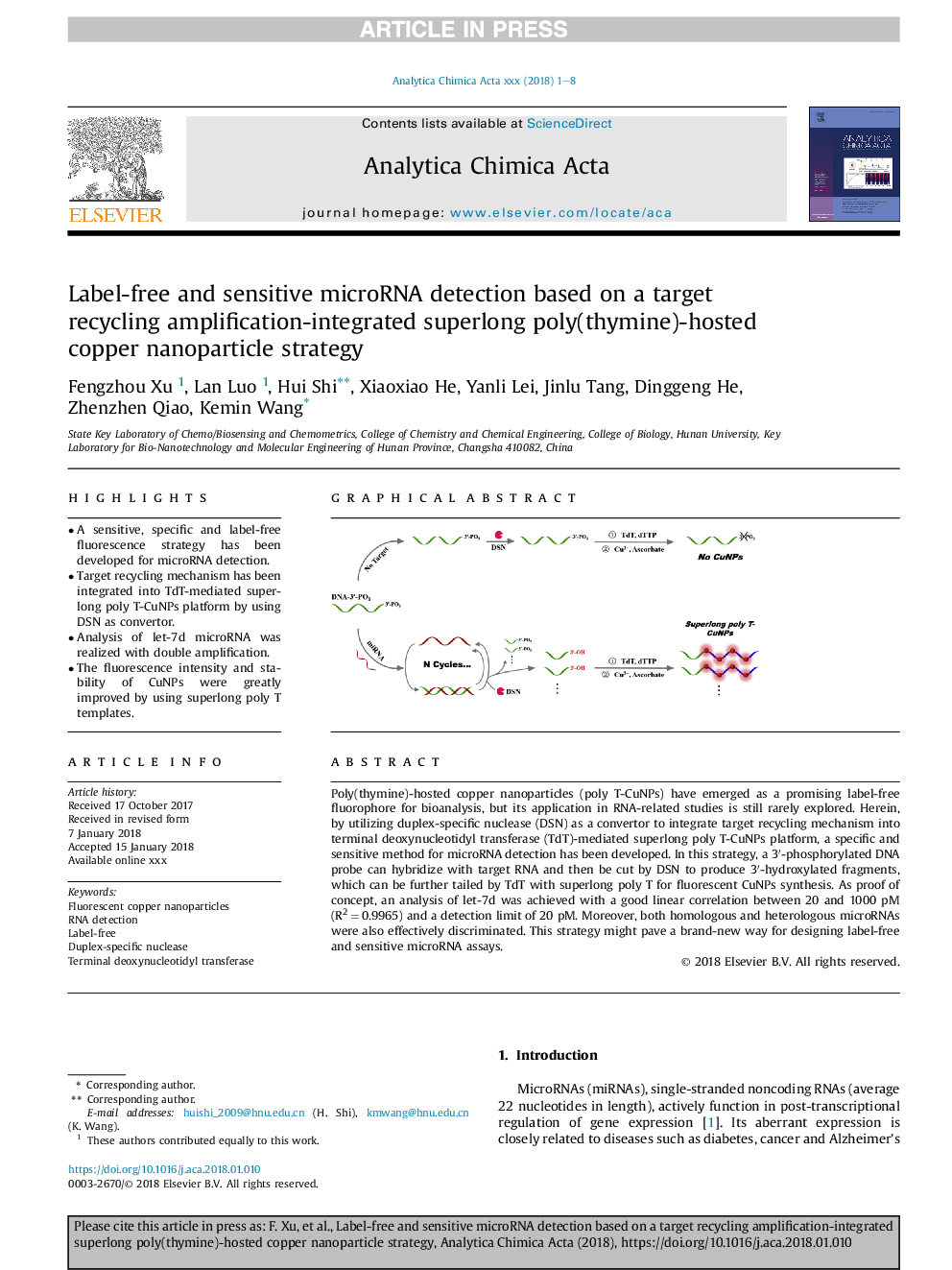 Label-free and sensitive microRNA detection based on a target recycling amplification-integrated superlong poly(thymine)-hosted copper nanoparticle strategy