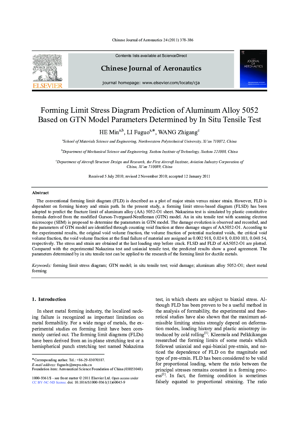 Forming Limit Stress Diagram Prediction of Aluminum Alloy 5052 Based on GTN Model Parameters Determined by In Situ Tensile Test 