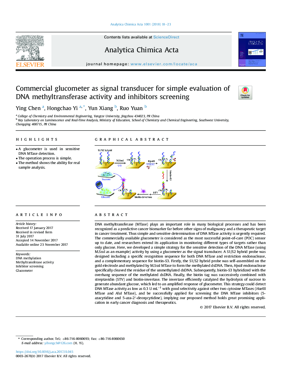 Commercial glucometer as signal transducer for simple evaluation of DNA methyltransferase activity and inhibitors screening