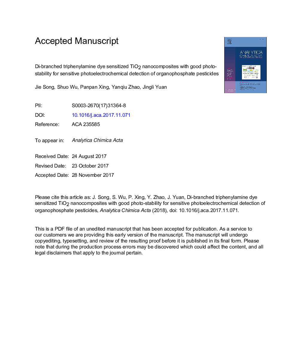 عکس صفحه اول مقاله: Di-branched triphenylamine dye sensitized TiO2 nanocomposites with good photo-stability for sensitive photoelectrochemical detection of organophosphate pesticides Di-branched triphenylamine dye sensitized TiO2 nanocomposites with good photo-stability for sensitive photoelectrochemical detection of organophosphate pesticides