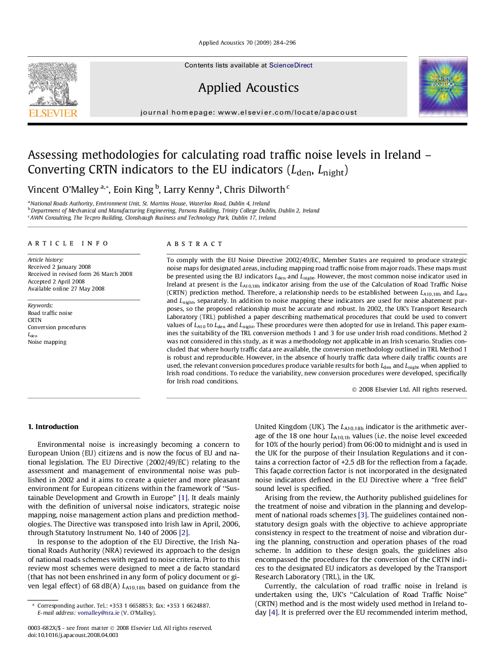 Assessing methodologies for calculating road traffic noise levels in Ireland – Converting CRTN indicators to the EU indicators (Lden, Lnight)