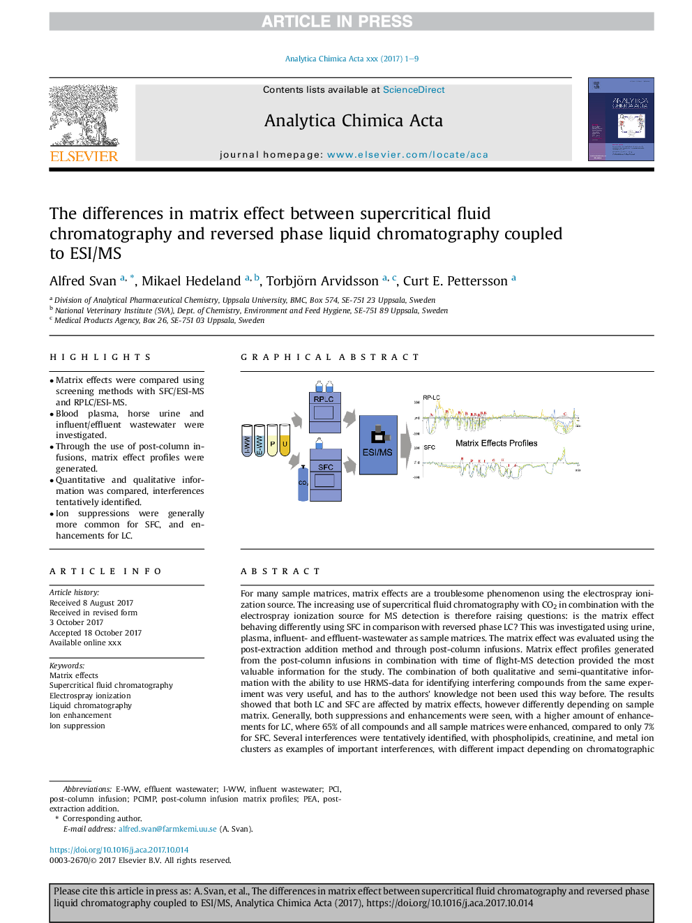 The differences in matrix effect between supercritical fluid chromatography and reversed phase liquid chromatography coupled to ESI/MS