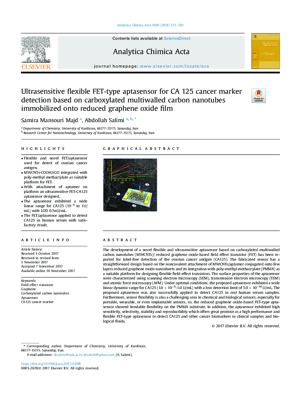 Ultrasensitive flexible FET-type aptasensor for CA 125 cancer marker detection based on carboxylated multiwalled carbon nanotubes immobilized onto reduced graphene oxide film