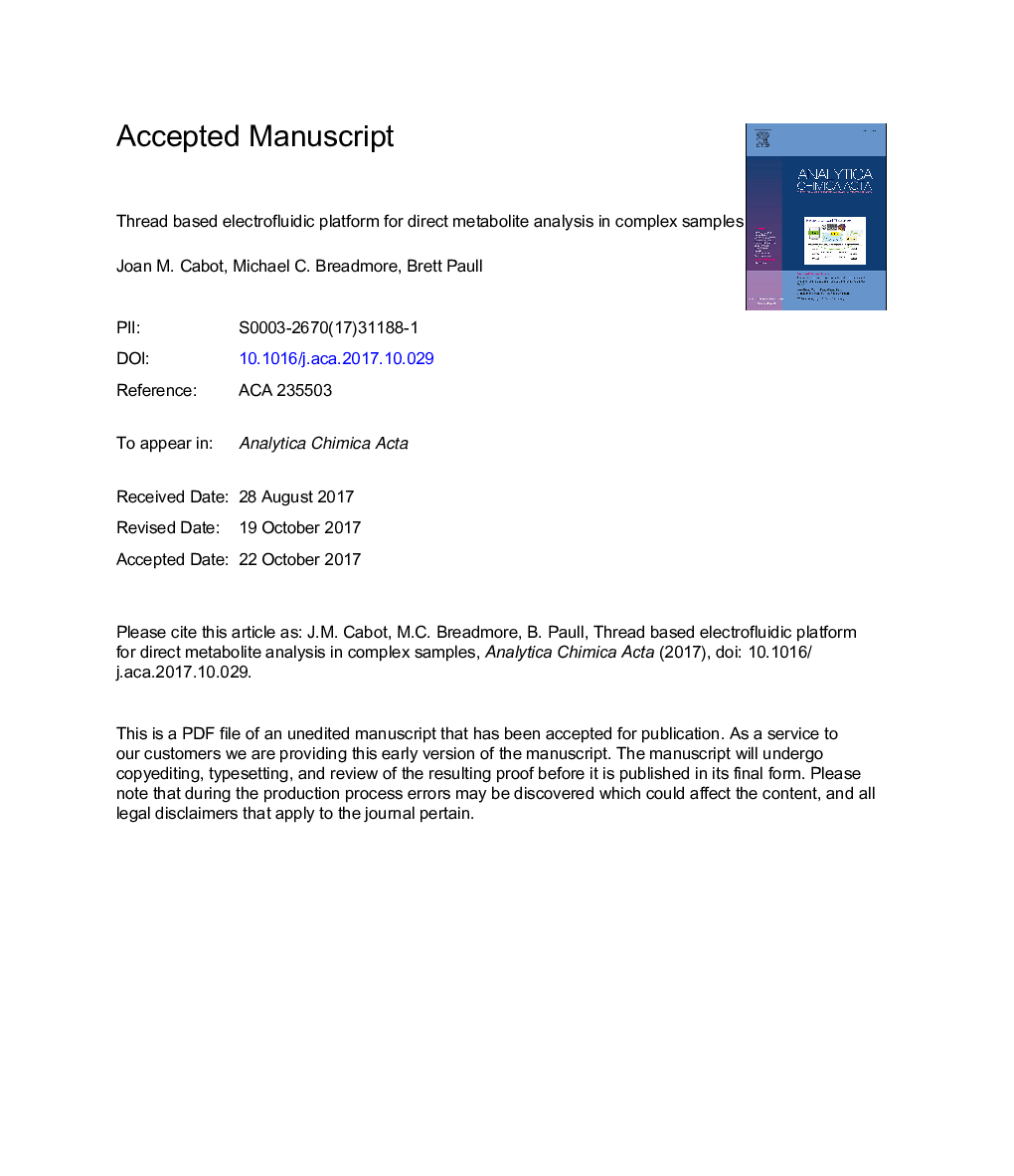 Thread based electrofluidic platform for direct metabolite analysis in complex samples