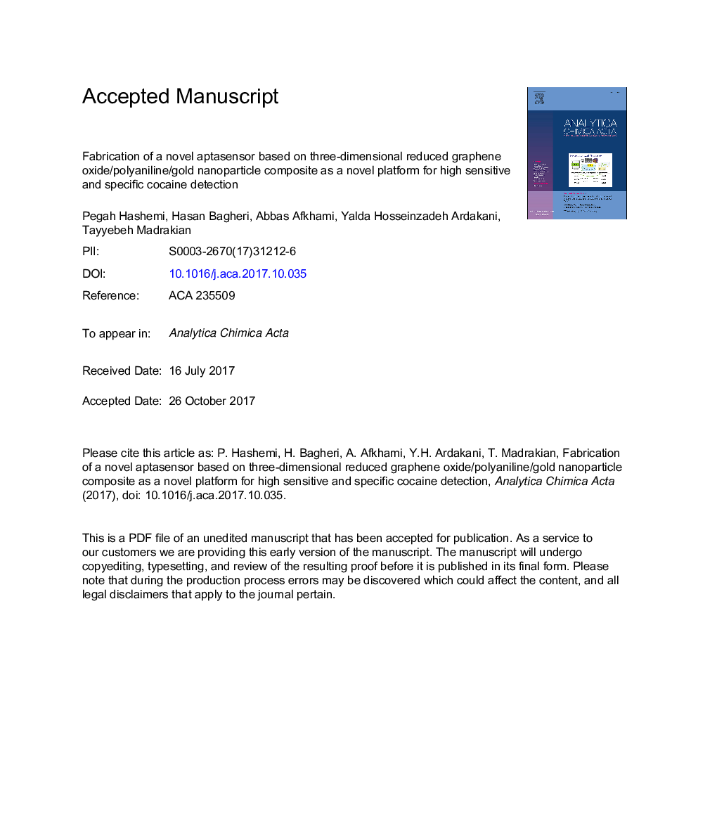 Fabrication of a novel aptasensor based on three-dimensional reduced graphene oxide/polyaniline/gold nanoparticle composite as a novel platform for high sensitive and specific cocaine detection