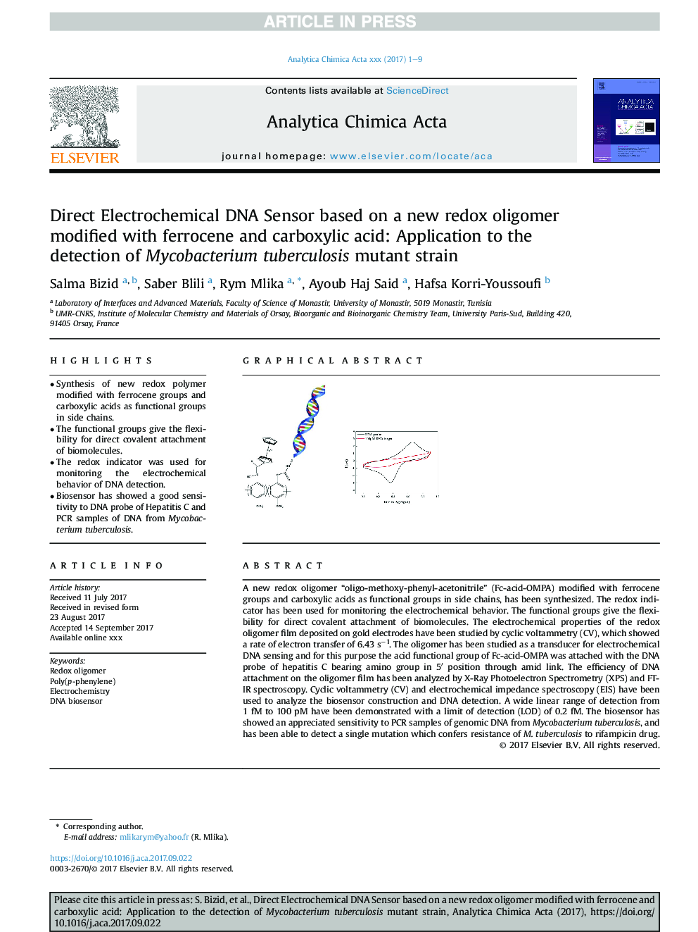 Direct Electrochemical DNA Sensor based on a new redox oligomer modified with ferrocene and carboxylic acid: Application to the detection of Mycobacterium tuberculosis mutant strain