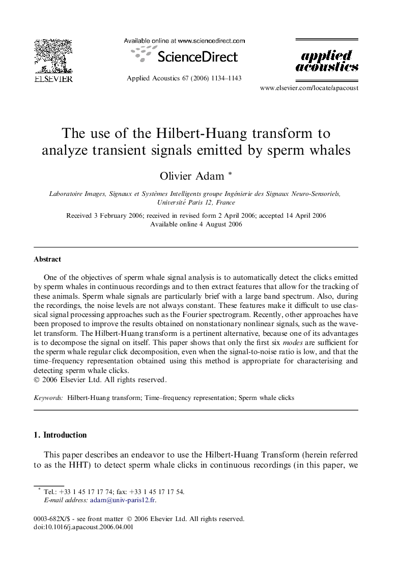 The use of the Hilbert-Huang transform to analyze transient signals emitted by sperm whales